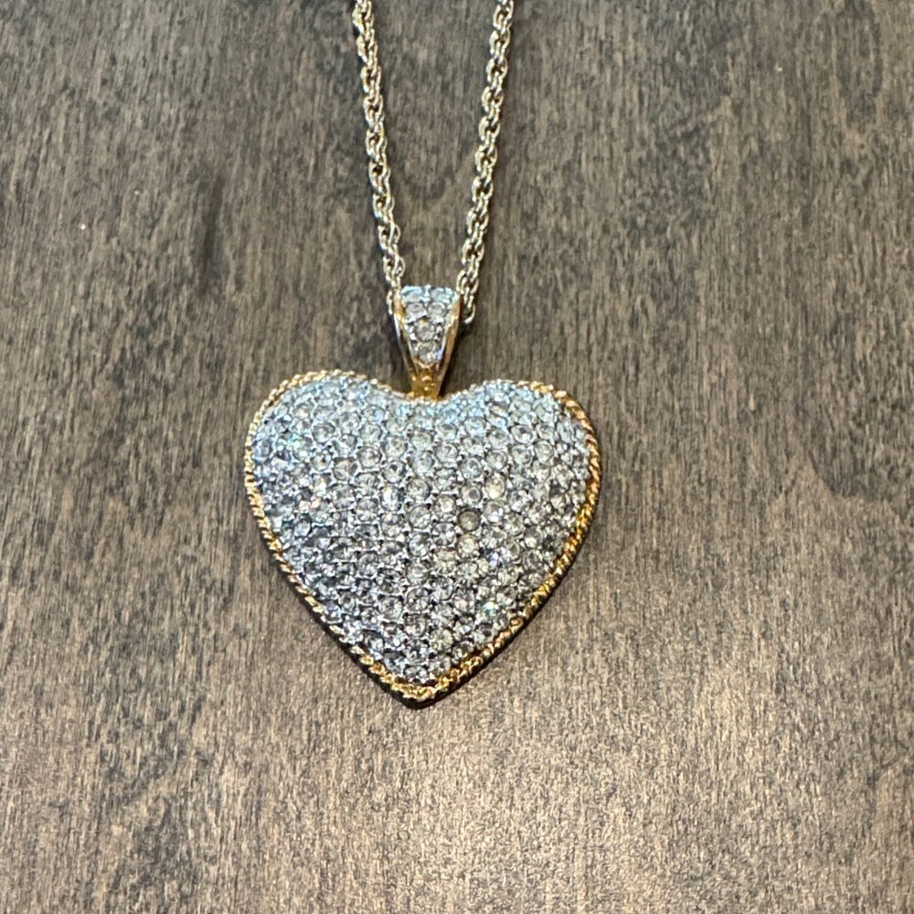 Gold Tone Pavé Crystal Heart Pendant Necklace Sparkly Rhinestone Heart